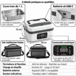 Planche technique : 4 détails pratiques de la gamelle chauffante batterie 1 L