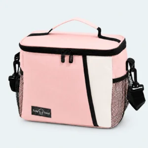 Sac isotherme lunch box rose et beige avec poignée, bandoulière et poche filet latérale