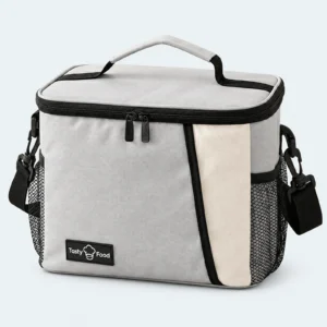 Sac isotherme lunch box gris et beige avec poignée, bandoulière et poche filet latérale