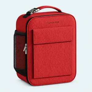 Sac lunch box isotherme rouge avec poignée, poche avant et poche filet latérale