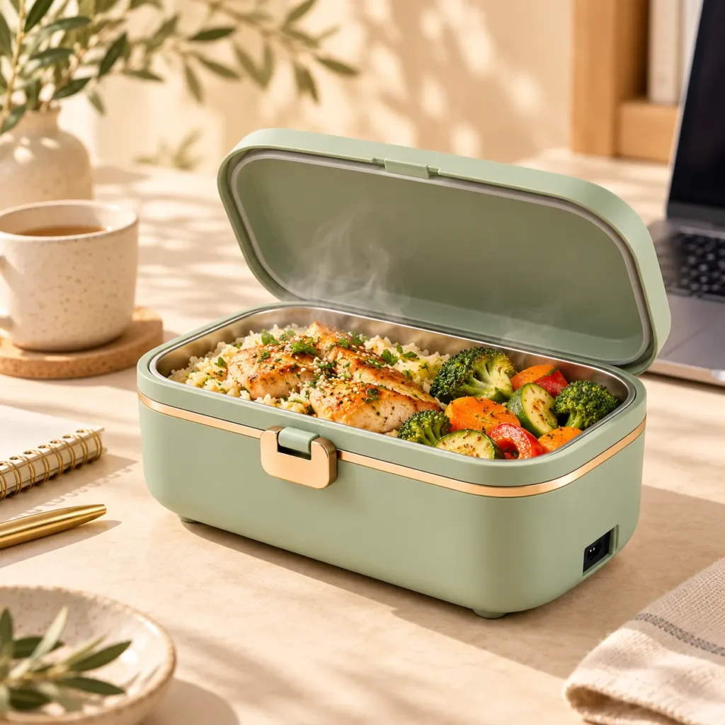 Lunch box chauffante verte ouverte avec repas chaud – boîte repas électrique sans micro-ondes