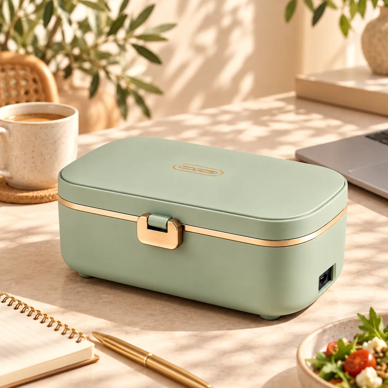 Lunch box chauffante verte sur bureau – boîte repas électrique portable