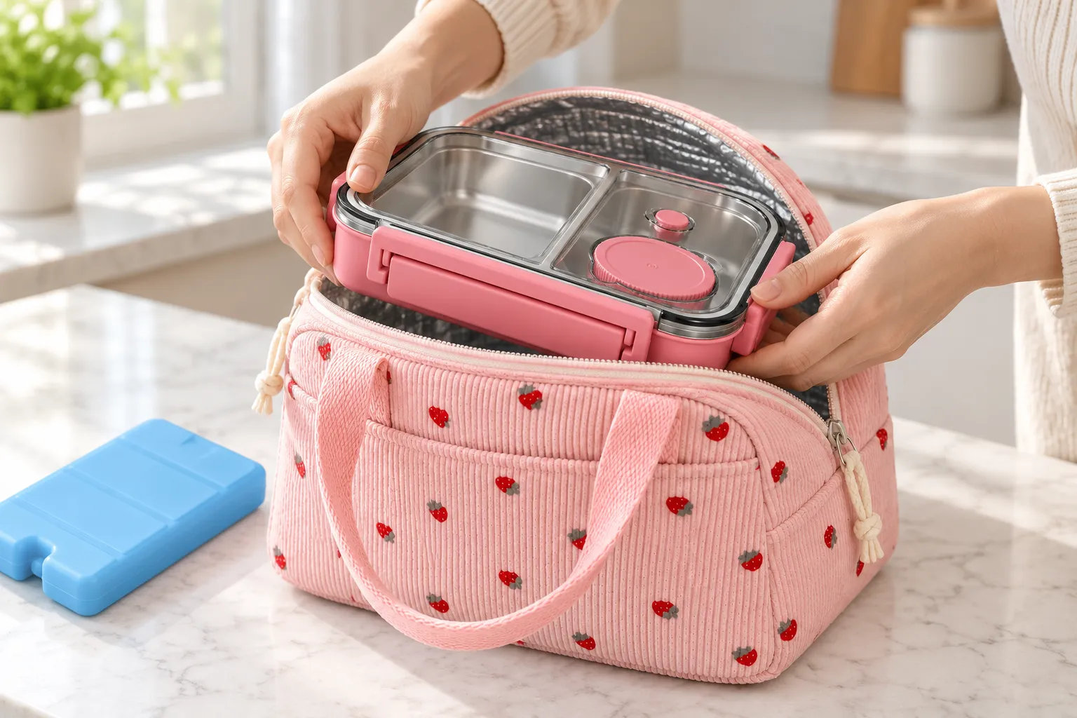Sac isotherme femme en velours rose à fraises avec lunch box inox et pain de glace