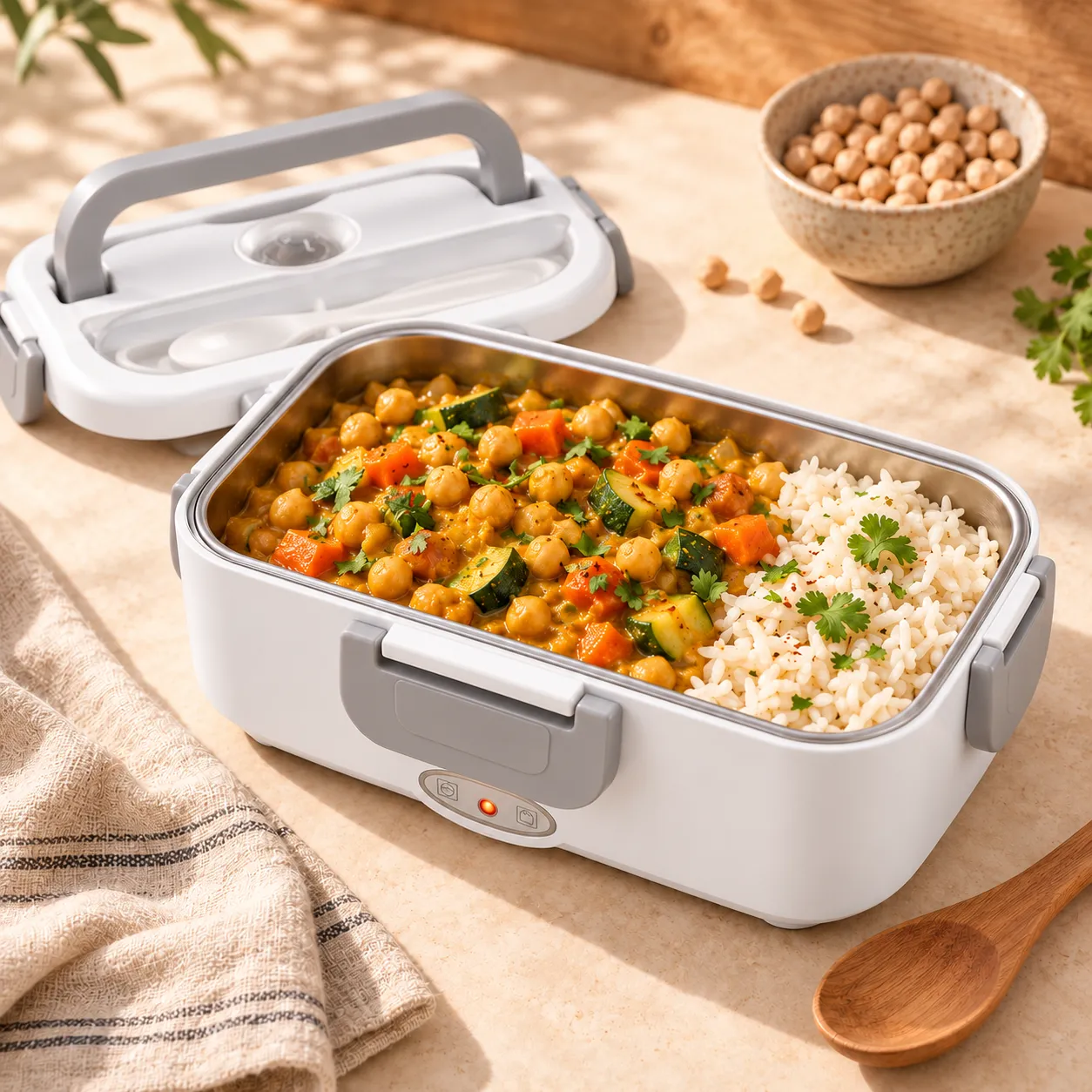 Lunch box chauffante blanche et grise ouverte avec curry de pois chiches, légumes et riz