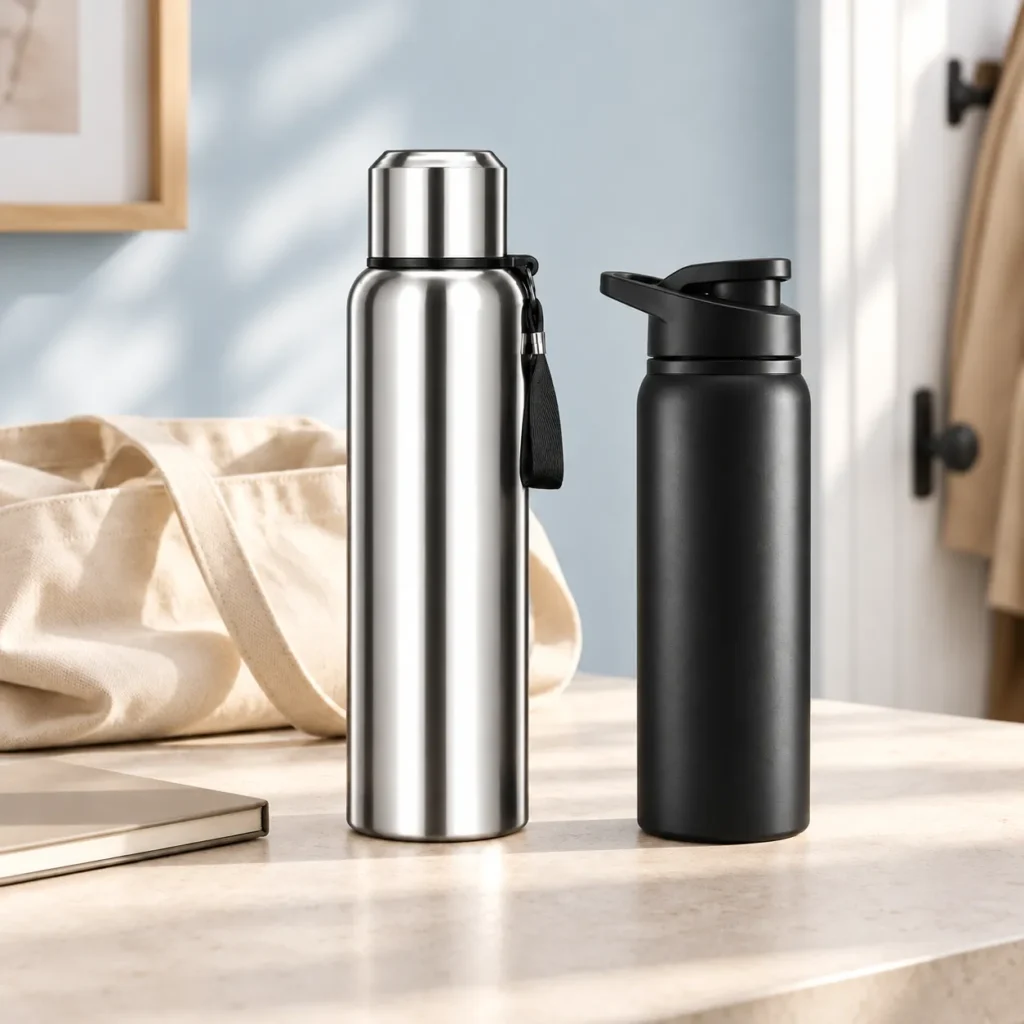 Deux gourdes isothermes en inox de 600 ml et 1 L près d’un tote bag et d’un carnet