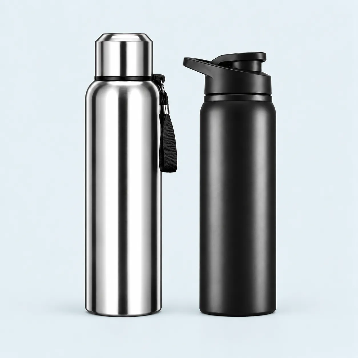 Gourde inox 1 L et gourde isotherme sport 600 ml côte à côte