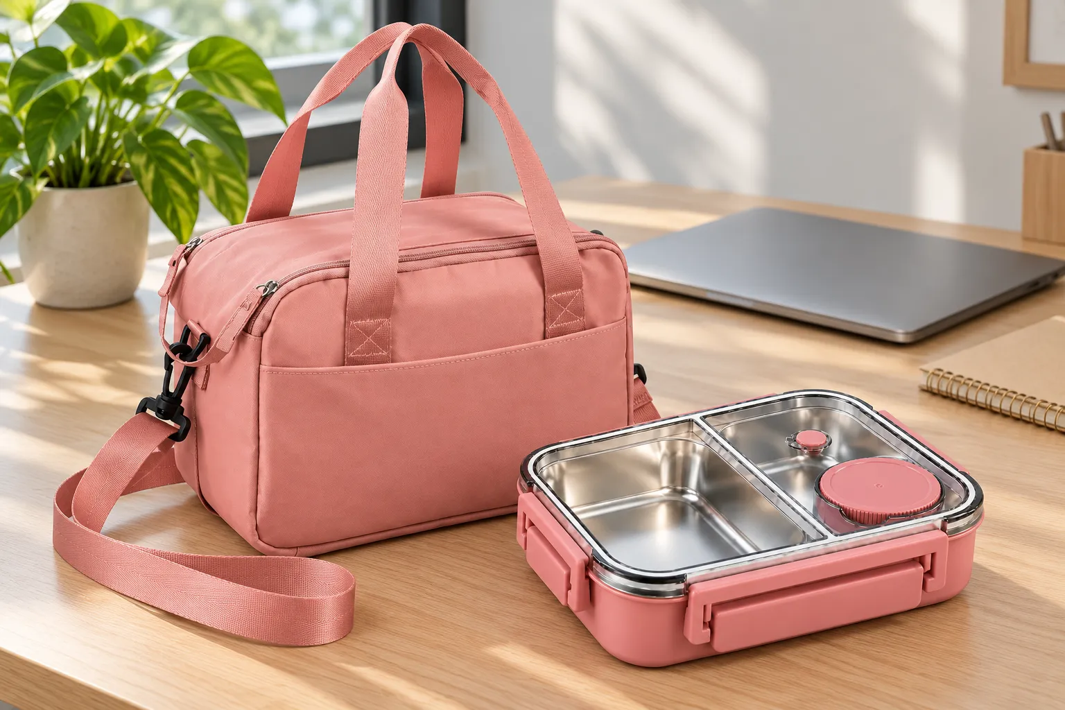 Sac isotherme femme rose avec bandoulière et lunch box inox rose sur un bureau