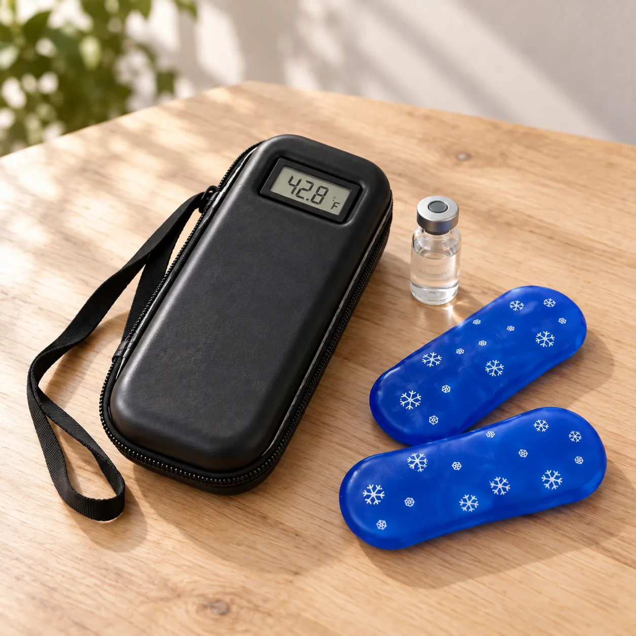 Pochette isotherme vaccin noire avec afficheur de température, flacon de vaccin et 2 gels froids posés sur une table en bois