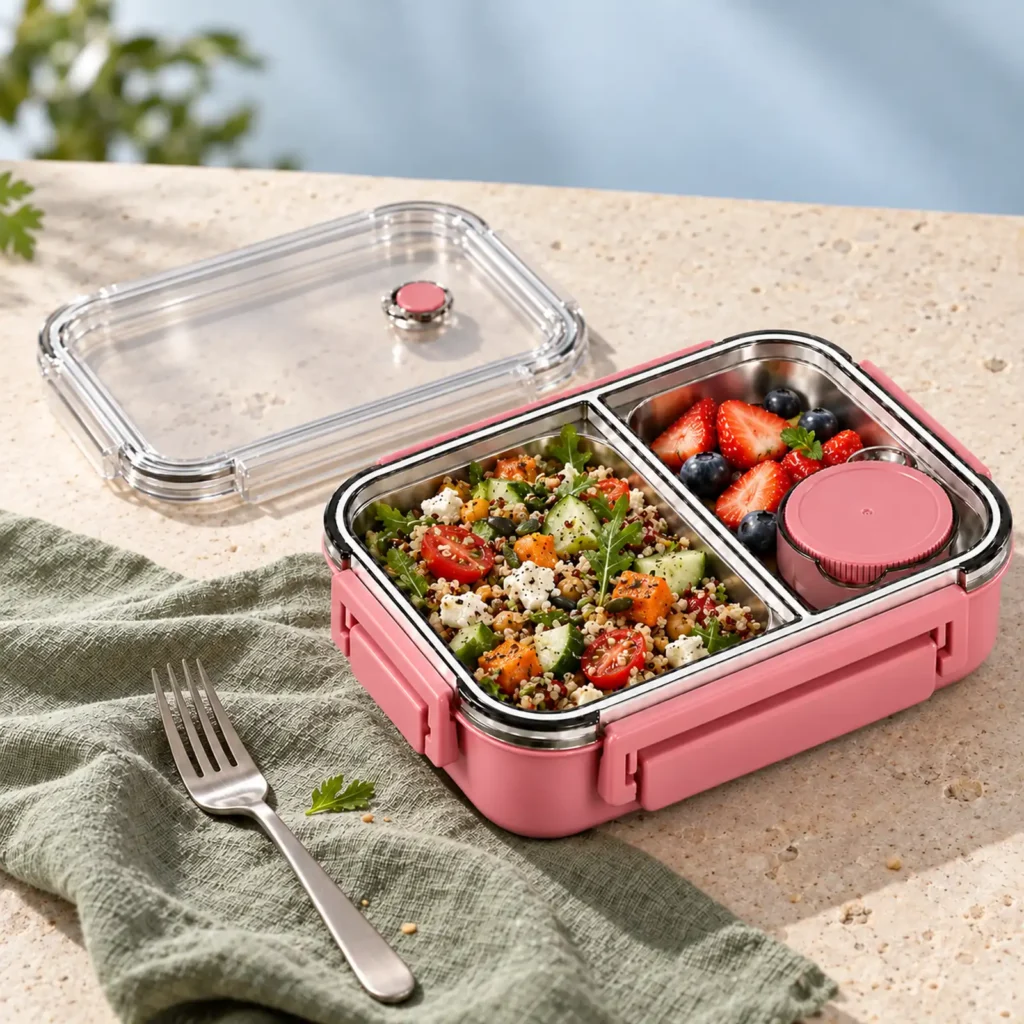 Lunch box inox isotherme rose 850 ml à 2 compartiments remplie de salade de quinoa et de fruits rouges, couvercle posé à côté