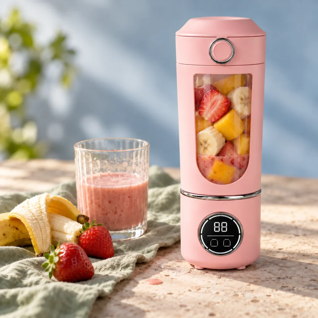 Mini blender portable rose 700 ml rempli de fraises, mangue et banane, avec un verre de smoothie à côté