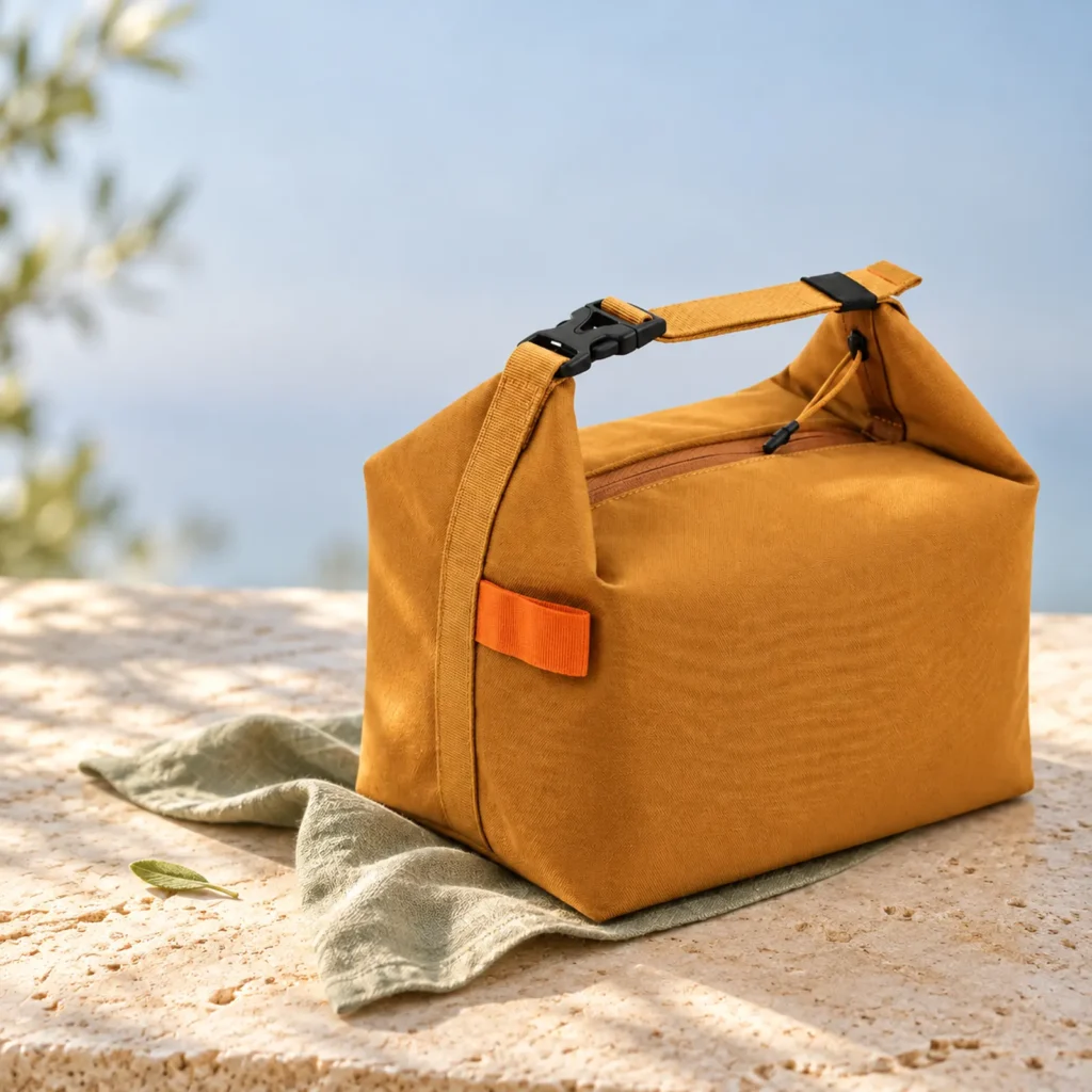 Sac isotherme repas jaune moutarde pliable avec fermeture à clip posé sur une serviette vert sauge