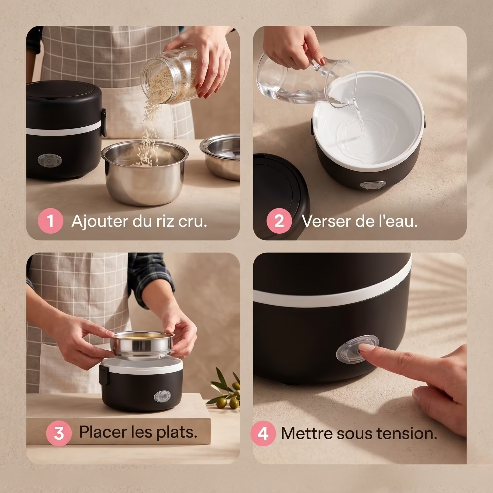 Mode d’emploi de la boîte lunch électrique chauffante : ajouter les aliments, verser de l’eau dans la base, placer les bols, mettre sous tension