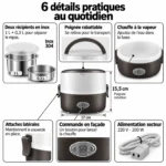 Planche des 6 détails de la boîte lunch électrique chauffante 2 étages : récipients inox 1 L et 0,3 L, poignée rabattable, chauffe vapeur, attaches latérales, commande en façade et alimentation 220 V