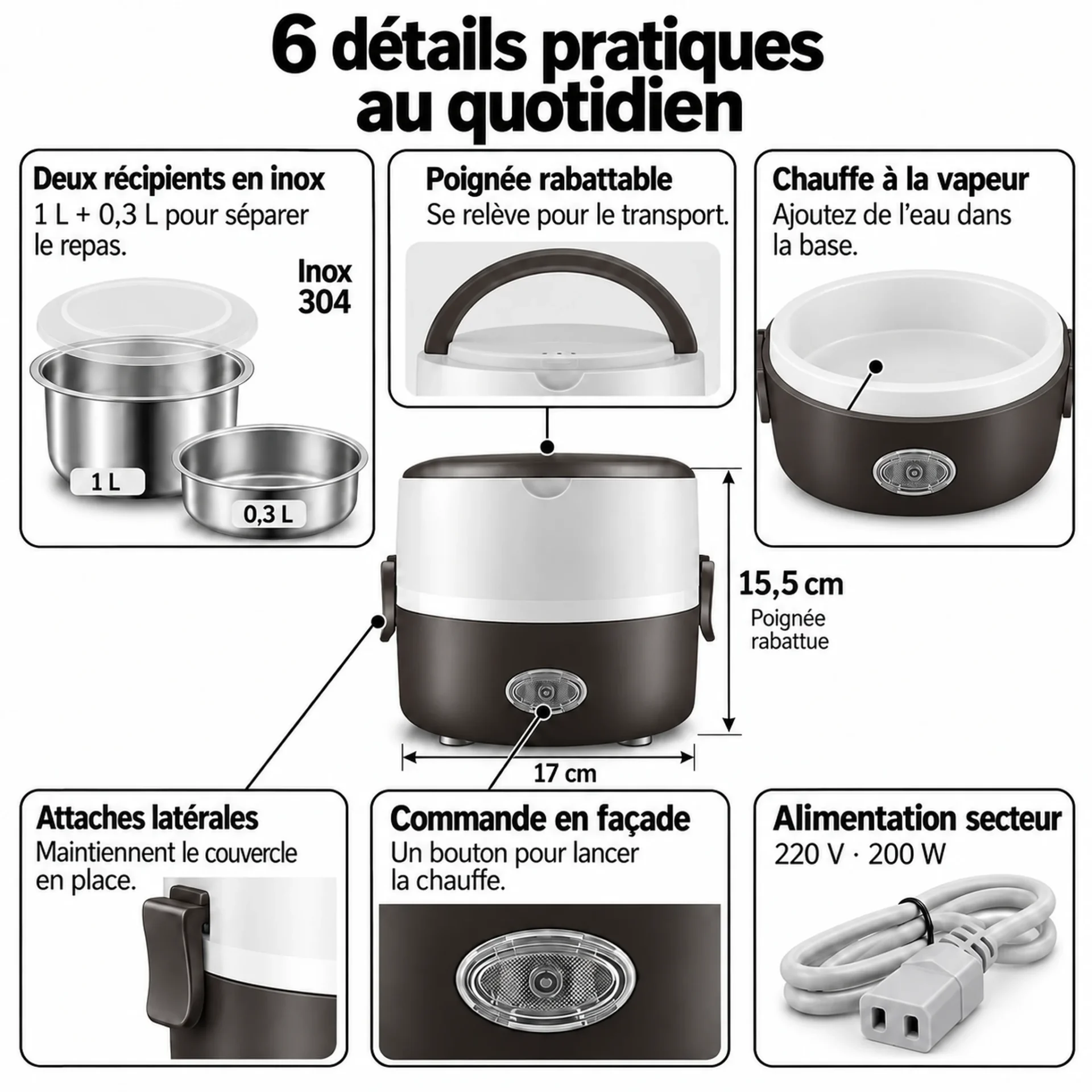 Planche des 6 détails de la boîte lunch électrique chauffante 2 étages : récipients inox 1 L et 0,3 L, poignée rabattable, chauffe vapeur, attaches latérales, commande en façade et alimentation 220 V