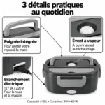 Trois détails pratiques de la boîte repas chauffante : poignée intégrée, évent à vapeur et branchement électrique
