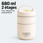 Boîte repas isotherme inox 2 étages, 680 ml pour séparer les préparations