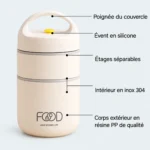 Schéma de la boîte repas isotherme inox 2 étages : poignée, évent, étages séparables, intérieur inox 304