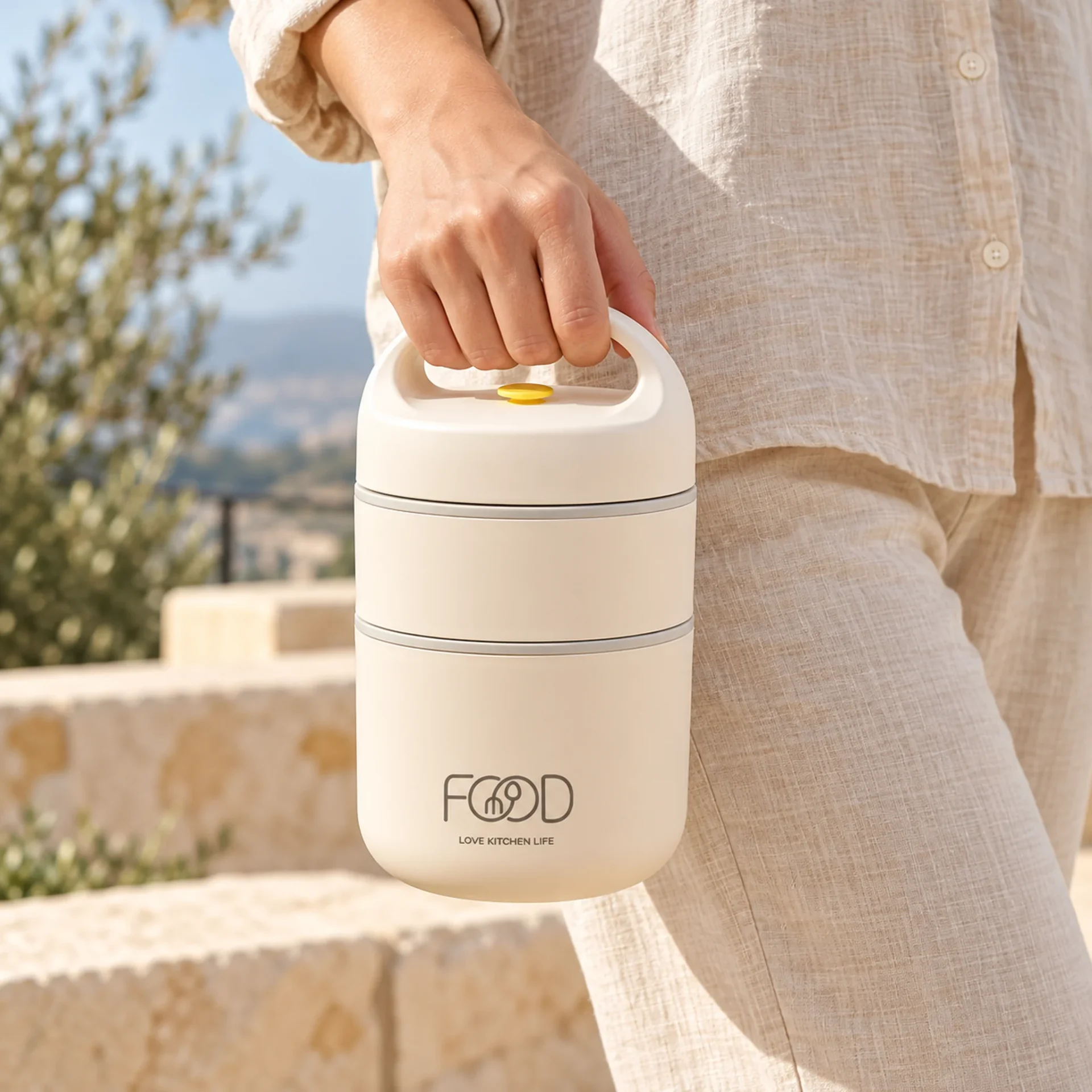 Femme portant la boîte repas isotherme inox 2 étages par sa poignée, sur une terrasse ensoleillée