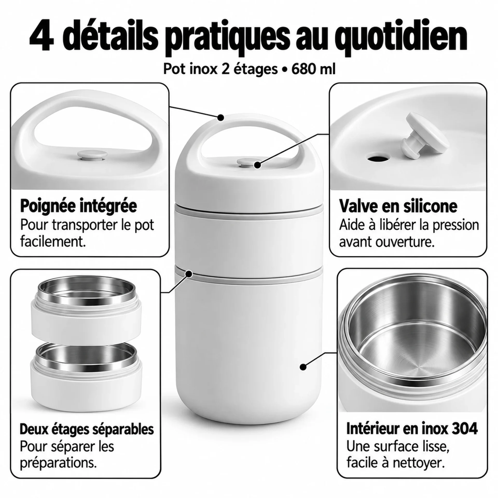 4 détails pratiques de la boîte repas isotherme inox 2 étages : poignée intégrée, valve en silicone, deux étages séparables et intérieur en inox 304