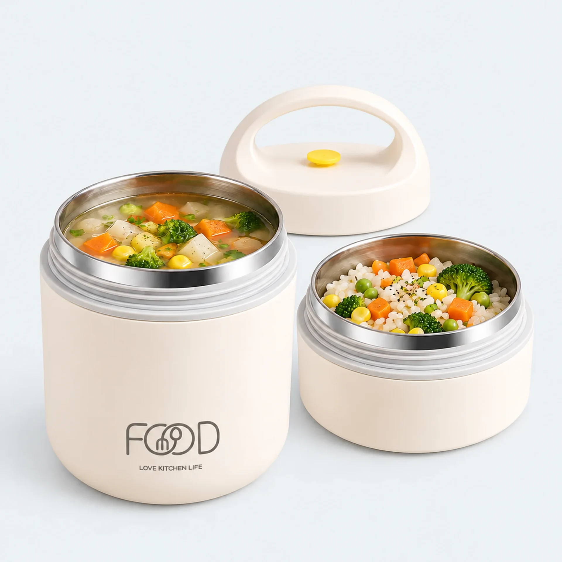 Boîte repas isotherme inox 2 étages ouverte, un étage rempli de soupe et l’autre de riz aux légumes