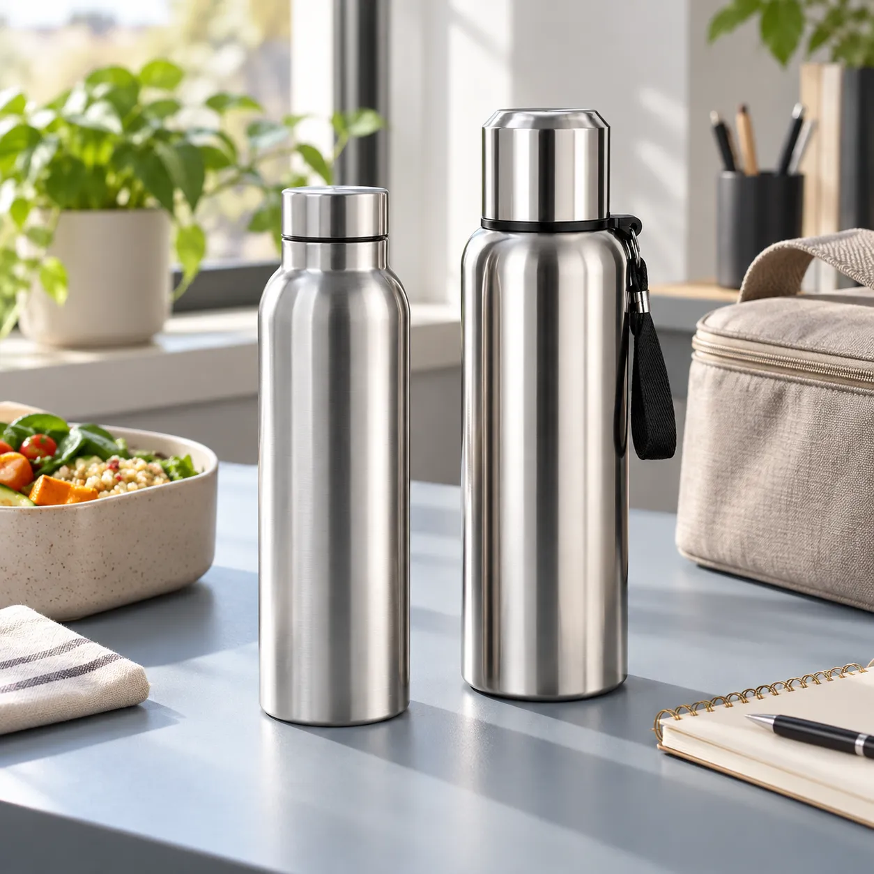 Deux gourdes inox près d’un sac repas et d’un carnet sur un bureau
