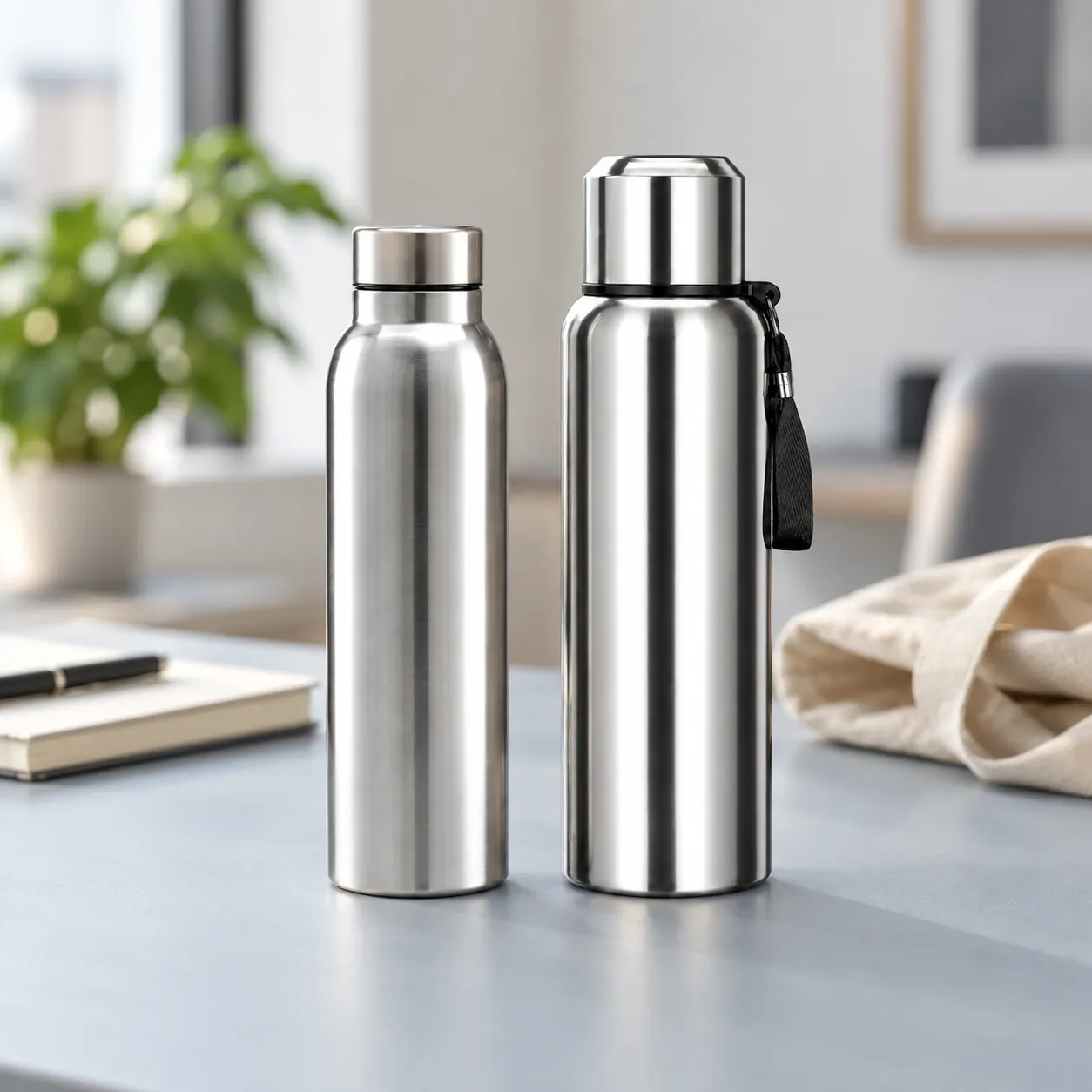 Deux gourdes inox aux formats différents, pour comparer simple paroi et double paroi