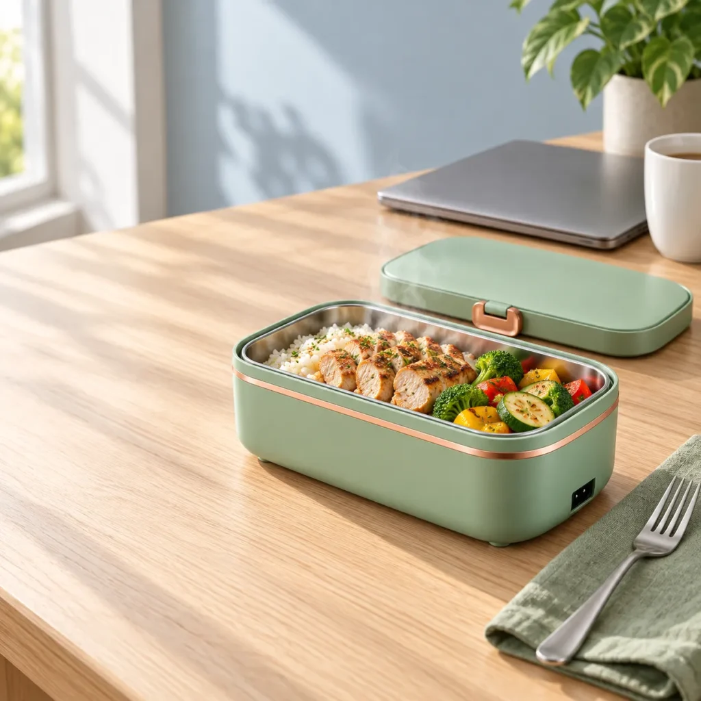 Lunch box chauffante électrique verte ouverte avec un repas chaud de riz, poulet et légumes sur un bureau en bois