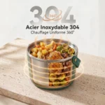 Cuve en inox 304 de la lunch box chauffante remplie d’un plat de pâtes et de poulet