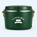 Lunch box chauffante inox 1,2 L verte, fermée avec ses poignées orange