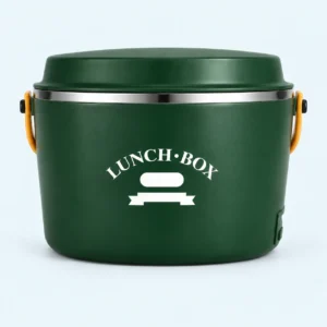 Lunch box chauffante inox 1,2 L verte, fermée avec ses poignées orange
