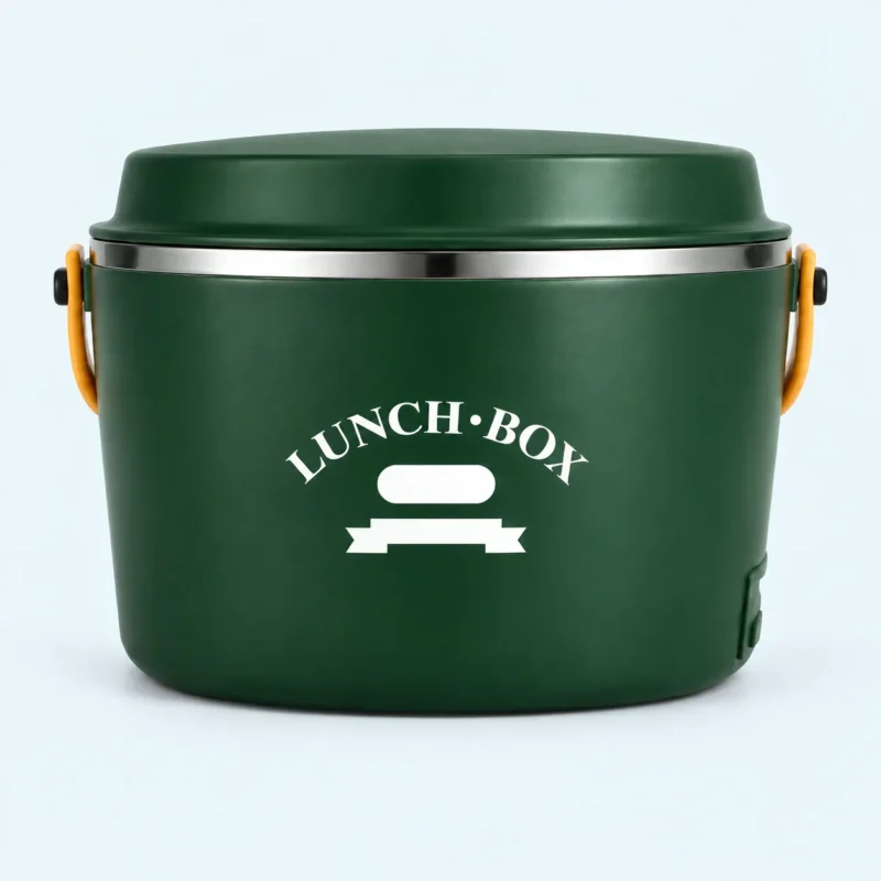 Lunch box chauffante inox 1,2 L verte, fermée avec ses poignées orange