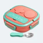 Lunch box enfant compartiment rose et vert d’eau, 4 clips et couvert pliant