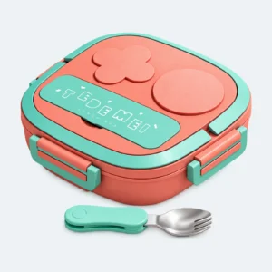 Lunch box enfant compartiment rose et vert d’eau, 4 clips et couvert pliant