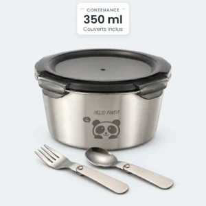 Lunch box inox enfant Combo Elégant 304, boîte ronde 350 ml avec couvercle à clips et couverts pliants
