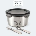 Lunch box inox enfant Combo Elégant 304, boîte ronde 600 ml avec couvercle à clips et couverts pliants