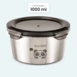 Lunch box inox enfant ronde 1000 ml, bol inox à motif panda et couvercle translucide à clips