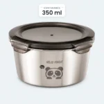 Lunch box inox enfant ronde 350 ml, bol inox à motif panda et couvercle translucide à clips