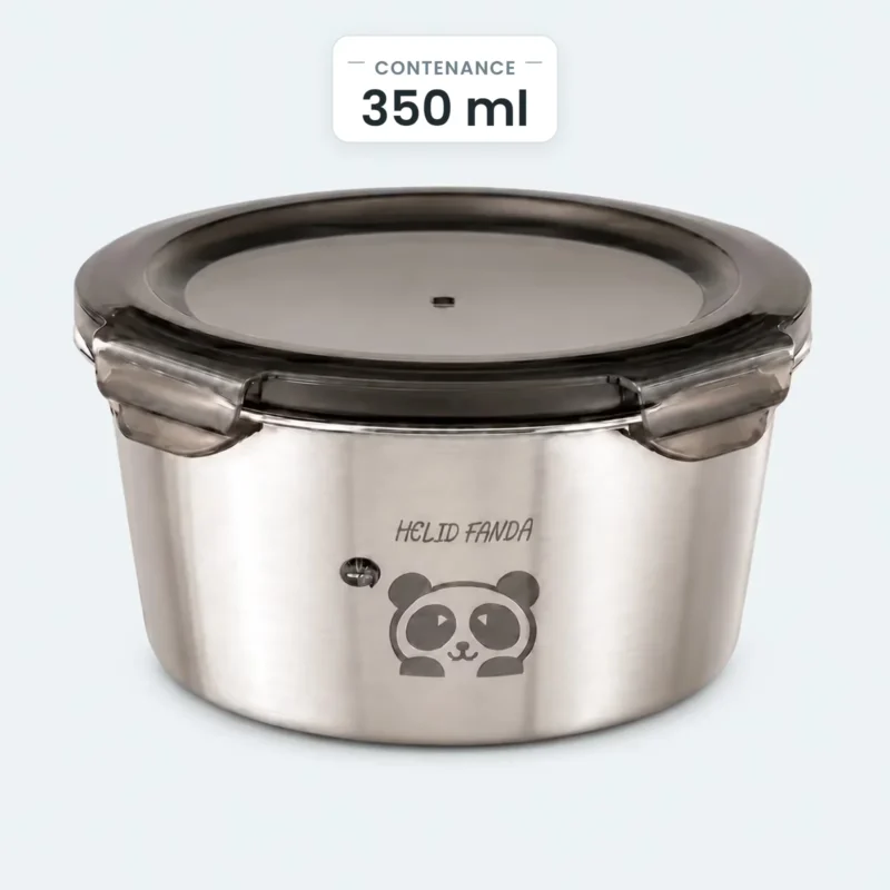 Lunch box inox enfant ronde 350 ml, bol inox à motif panda et couvercle translucide à clips