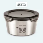 Lunch box inox enfant ronde 600 ml, bol inox à motif panda et couvercle translucide à clips