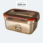 Lunch box inox enfant grande capacité 1100 ml, boîte rectangulaire inox avec couvercle translucide à clips