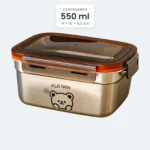 Lunch box inox enfant grande capacité 550 ml, boîte rectangulaire inox avec couvercle translucide à clips