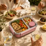 Lunch box inox isotherme 850 ml 2 compartiments rose sur une table de déjeuner