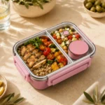 Lunch box inox isotherme 850 ml 2 compartiments rose remplie de poulet, légumes et salade