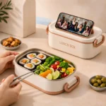 Lunch box inox isotherme blanche ouverte avec sushis et légumes
