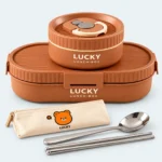 Ensemble lunch box enfant 1250 ml marron : boîte ovale, bol rond, pochette à couverts, cuillère et baguettes