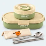 Ensemble lunch box enfant 1250 ml vert et beige : boîte ovale, bol rond, pochette à couverts, cuillère et baguettes
