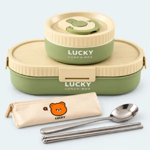 Ensemble lunch box enfant 1250 ml vert et beige : boîte ovale, bol rond, pochette à couverts, cuillère et baguettes