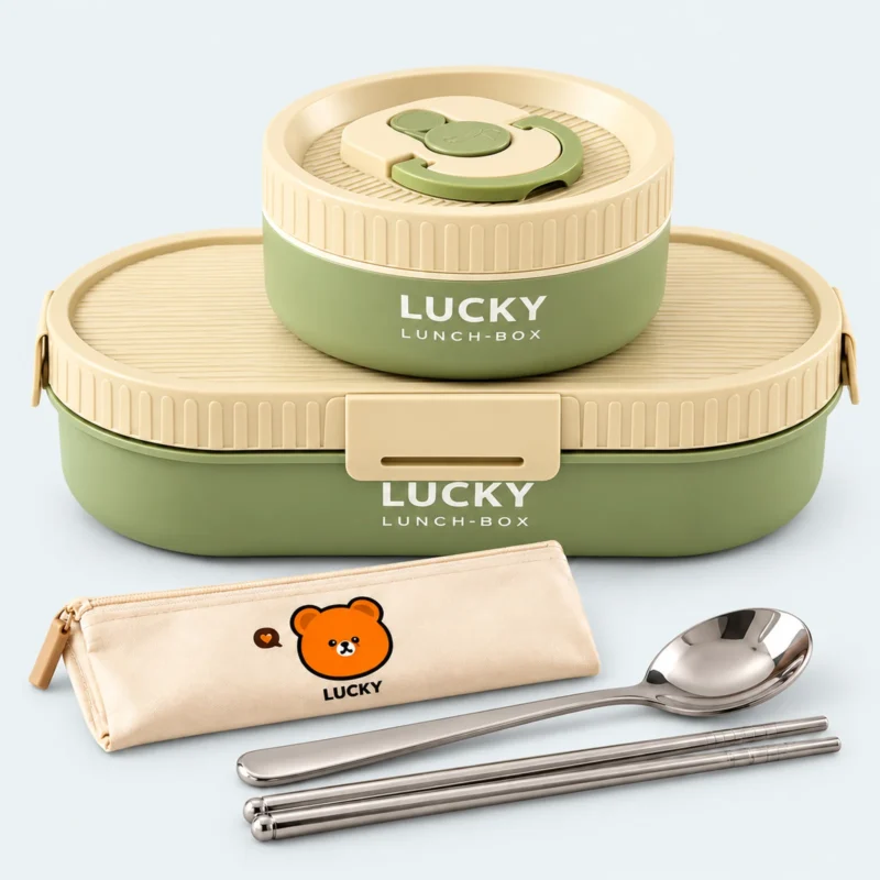 Ensemble lunch box enfant 1250 ml vert et beige : boîte ovale, bol rond, pochette à couverts, cuillère et baguettes
