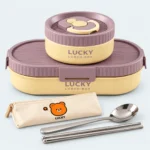 Ensemble lunch box enfant 1250 ml violet et jaune : boîte ovale, bol rond, pochette à couverts, cuillère et baguettes