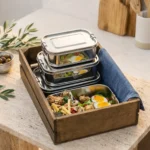 Lunch box inox empilées et boîte ouverte garnie d'un repas, dans un plateau en bois